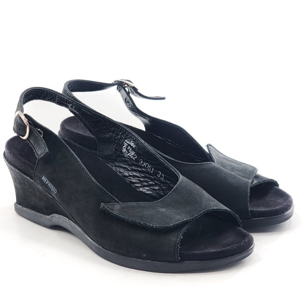 MEPHISTO Black Nubuck Leather Adjustable Width Open Toe Wedge Sandals